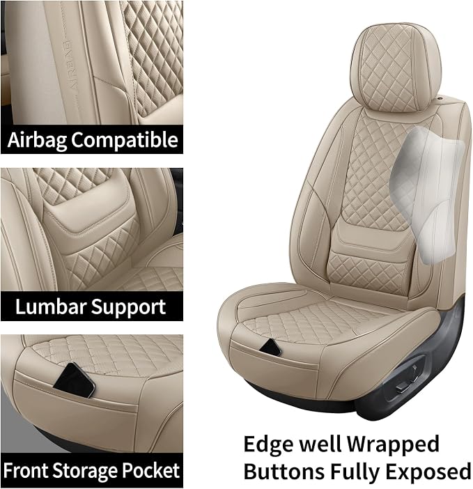 Beige Leather Car Seat Covers Full Set Breathable Seat Protectors Waterproof Automotive Seat Covers Universal Fit for Most Cars SUVs Trucks Vehicles