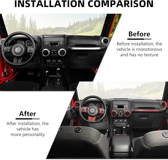 RAZPOY JK 18PCS Interior Trim Kit, Steering Wheel Trim & Gear Shift Cover Air Conditioning Vent Trim Compatible with 2011-2017 Jeep Wrangler JK 4-Door, Red Carbon Fiber