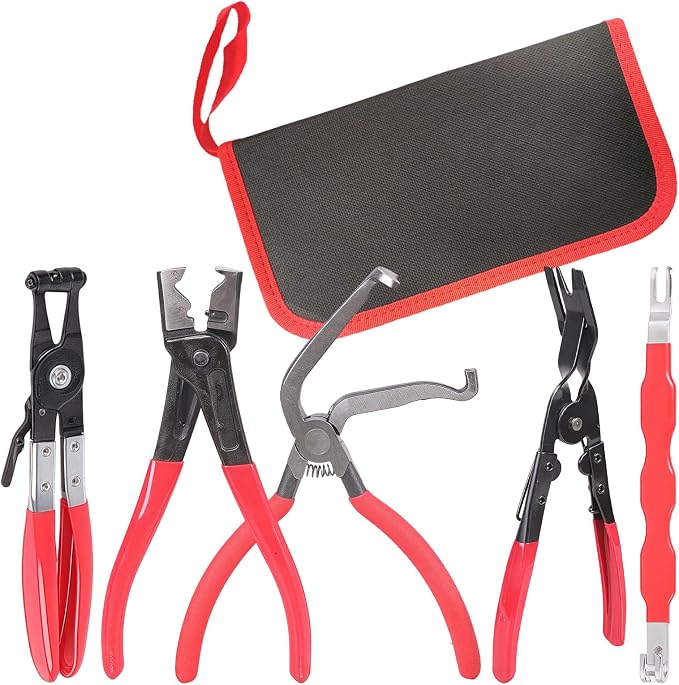 5 Piece Automotive Electrical Disconnect Pliers Kit, Professional Hose Clamp Pliers Kit, Electrical Connector Removal Tool, Clip Removal Tools, Plug Release & Wire Terminal Remover, for Auto Repair