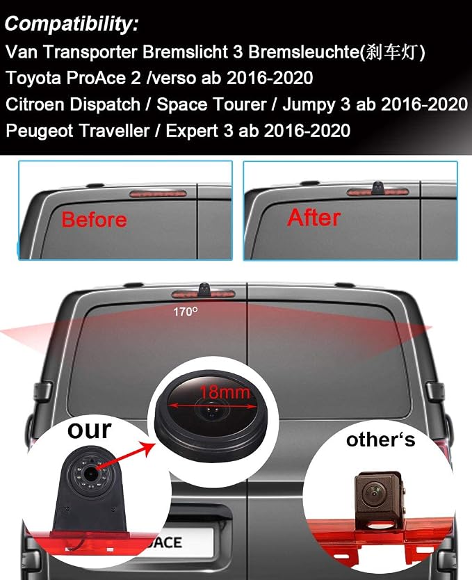 Super HD 1280x720 Pixel 3rd Brake Light Reversing car Camera Brake lamp Parking Replacement for Citroen Dispatch Toyota Proace Peugeot Expert Traveller Van 3 Transporter from 2016+4.3" Reverse Screen