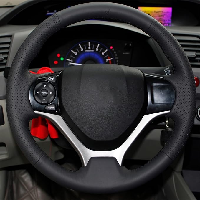 Loncky Carbon Fiber Black Genuine Leather Steering Wheel Cover for Honda Civic 9 Civic 2012 2013 2014 2015 Hand Stitched Custom Fit Car OEM Parts Interior Accessories