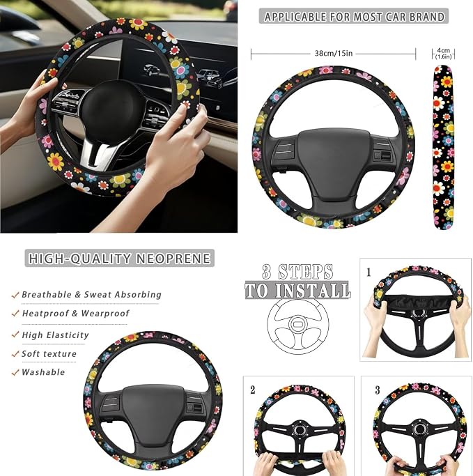 Colorful Floral Car Seat Covers Full Set for Women Cute Car Accessories Interior Car Steering Wheel Cover Seatbelt Covers Trash Bin Rear View Mirror Cover Cup Holders Keychain