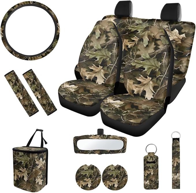 Camouflage Oak Tree 12-Pack Universal Fit Car Seat Cover Set - Front & Rear Cushion Covers, Steering Wheel Cover, Seat Belt Mats, Car Trash Can, Coasters & More for Cars, Vans, SUVs