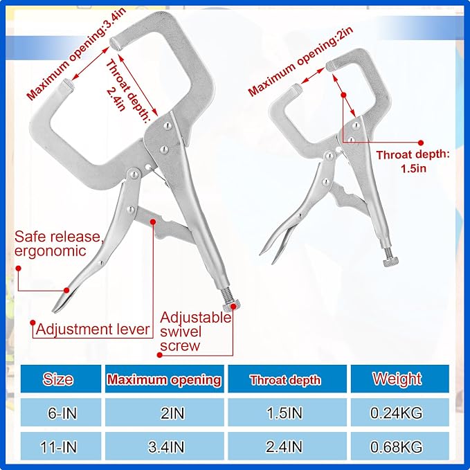 Yexiya 16 Pack 11 Inch 6 Inch Locking C Clamp Locking Pliers Adjustable Welding Clamp Heavy Duty Alloy Steel with Regular Tip for Woodworking Shop Home Farm