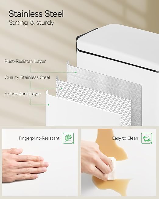 Nunsino Small Bathroom Trash Can with 15 Garbage Bags,2.6 Gallon Stainless Steel Garbage Can with Lid Soft Close,Small Trash Bin for Bathroom,Kitchen,Home Office,White