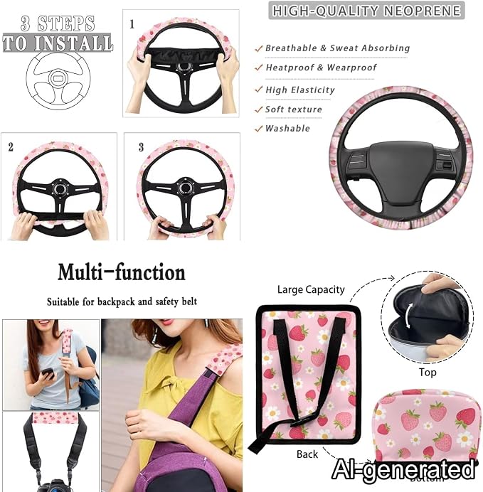 Dreaweet Pink Car Seat Covers Full Set for Women Cute Strawberry Car Accessories Steering Wheel Cover Seatbelt Covers Car Coasters Trash Can Vent Storage Holder Rear View Mirror Cover Keychain 15 Pcs