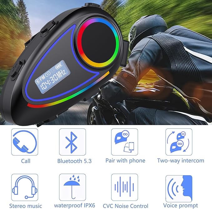 Motorcycle Wireless Helmet Intercom & Bluetooth Headset — 1600ft Motorcycle Helmet Communication System with 40-Hour Battery Life, Waterproof, FM Radio, Voice Assistant, and Ultra-Slim 1.2cm Speakers