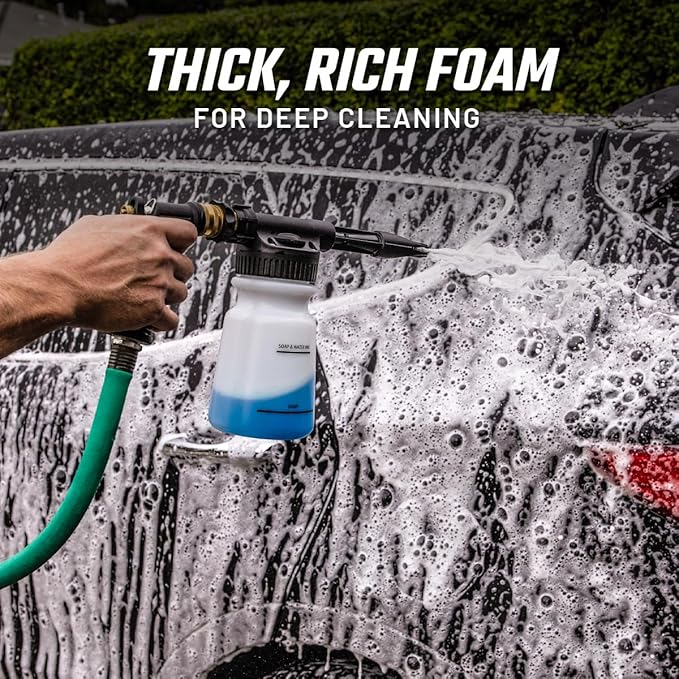 Slick Products Garden Hose Foam Gun – Soap Foam Blaster with Adjustable Dial & Quick Release | 32oz Tank for Cars, Trucks, Motorcycles, ATVs, UTVs, RVs, Boats & More