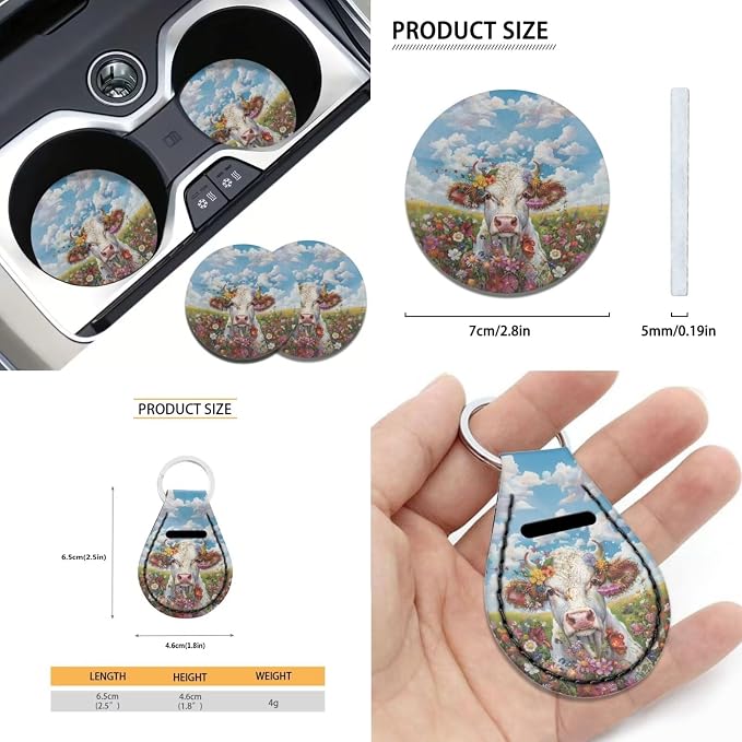 Suobstales Cow Flower Print Car Accessories for Women Seat Covers Set with Universal Steering Wheel Cover Seatbelt Pads, Cup Holder Coasters, Keychain Fits SUV Trunk Sedan