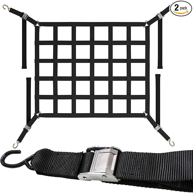 US Cargo Control Cargo Nets for Pickup Truck Bed 4.2 FT x 3.5 FT (2-Pack), Adjustable Truck Cargo Nets with S-Hooks & Cam Buckles, Fits Short Pickup Beds - Can Also Use in Trailers, Garages, Sheds