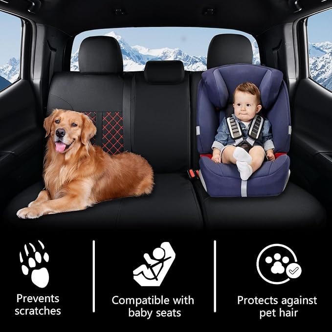 Truckiipa Tacoma Leather Car Seat Covers Full Set Truck Seat Covers Cushion Fit for 2016-2023 Toyota Tacoma Double Crew Cab, Full Set, Black&Red