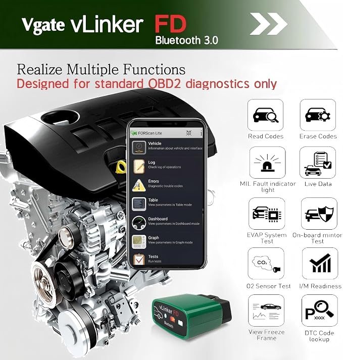 Vgate vLinker FD OBD2 Bluetooth Car Code Reader, OBD2 Diagnostic Scanner for Android & Windows