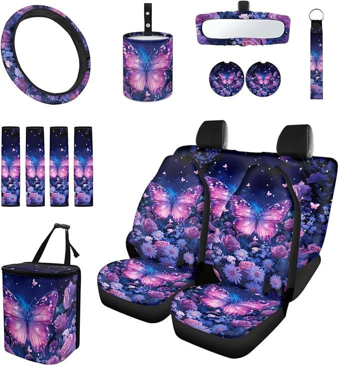Purple Rose Butterfly 15Pcs Car Seat Cover Full Set Car Steering Wheel Cover Seat Belt Cover Trash Bin Front Rear View Mirror Car Cup Holder Keychain