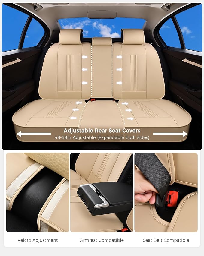 Huidasource Beige Seat Covers, Nappa Leather Car Seat Cover with Lumbar Support, Ventilation Holes, Velcro Adjustable, Airbag, Full-Coverage Seat Covers, Universal Fit for Most Cars SUV Trucks, Beige