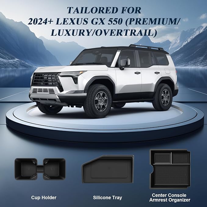 BIBIBO 3Pack for 2024-2026 Lexus GX 550 Center Console Organizer 2024 2025 2026 Lexus GX 550 Console Armrest Tray+Cup Holder +Wireless Charging Mat GX 550 Insert Organizer Lexus GX 550 Accessories
