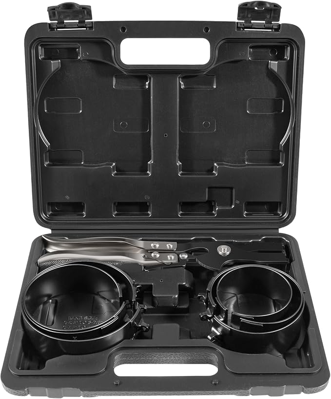 940387 Piston Ring Compressor Tool Set with 6 Piston Rings | 2-7/8" to 4-3/8", Ratchet Compression Pliers and Clamps, Professional Engine Maintenance, Storage Case