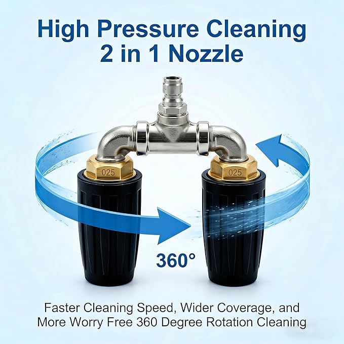 Dual Turbo Nozzle Pressure Washer, Dual Pressure Washer Nozzle, 360° Rotating 4000 PSI Turbo Nozzle with 1/4" Quick Connector 2.0 Orifice, 304 Stainless Steel for Driveway/Deck Clean(Black)