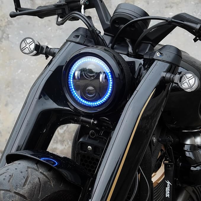 5.75inch 5-3/4 Black Motorcycle Headlight Smoked Blue Halo DRL for Indian Scout Dyna Wide Glide XL1200 XG750 883 48 Night Road Front Light