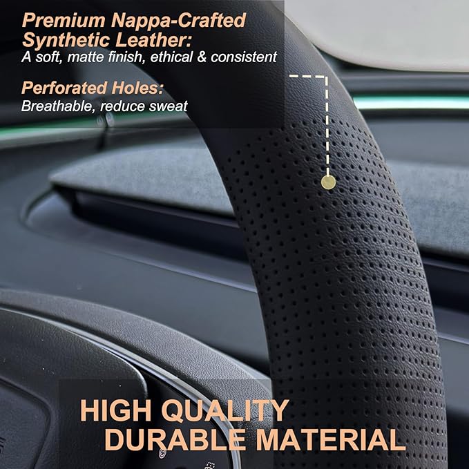 PINCTROT Nappa Leather Steering Wheel Cover for Tesla Model Y/3 Highland/Juniper, D Shaped 14 Inch Small Sized with Breathable Perforation, Fit Like Gloves, Flat Bottom 14 Inch(Nappa Black)