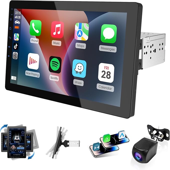 Haudio 10.1 Inch Single Din 360° Rotatable Car Stereo,Support Wireless CarPlay and Android Auto,with 1080P Rear Camera,Mirror Link|Bluetooth|Music Play|AUX|FM/AM|SWC|RDS,Single DIN Car Stereo Radio