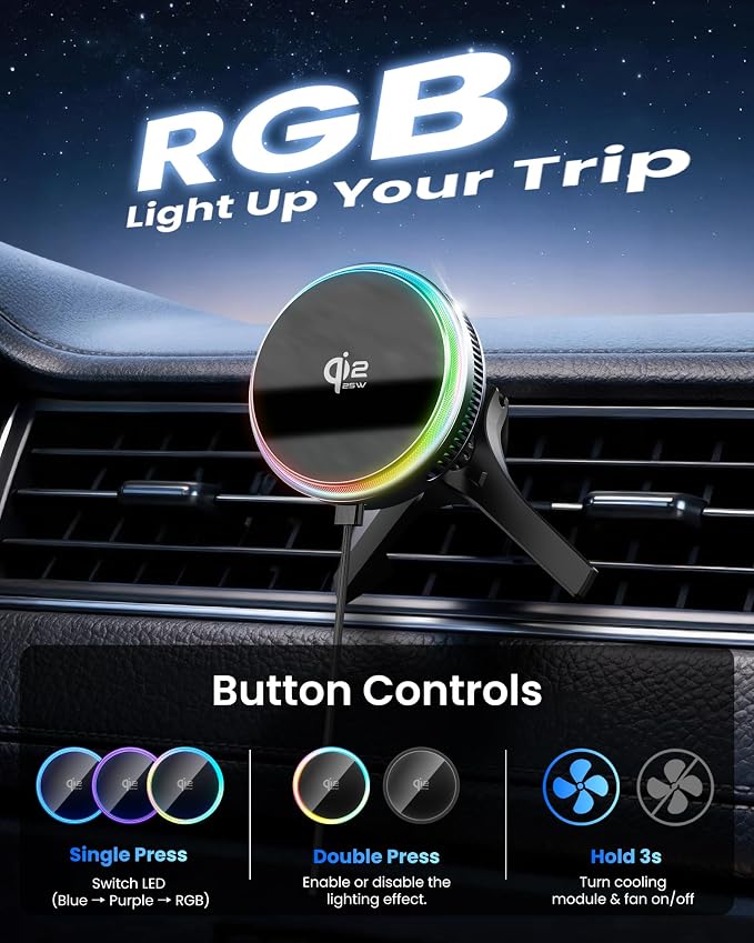 Qi2.2 25W Wireless Car Charger Magnetic Phone Holder Mount for Magsafe with Cooler for Air Vent, Wireless Fast Charger 25W for iPhone 16-17 Series with iOS 26,15W for iPhone 12-15 (Grey)