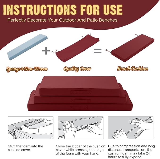 Outdoor Bench Cushion 4 inches Memory Foam Waterproof Patio Furniture Bench Cushion Porch Swing Cushion with Handle and Adjustable Strap, 48 x 18 Inch Burgundy