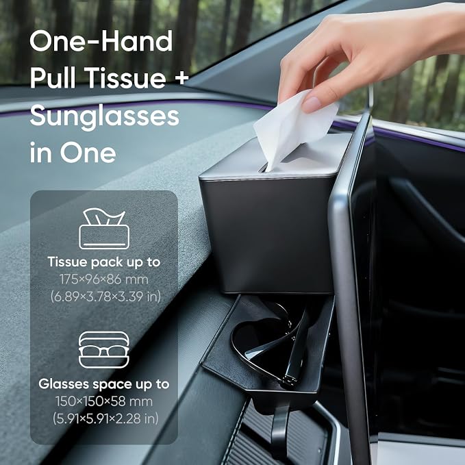 TEMAI 2-in-1 Behind Screen Organizer for 2025 Tesla Model Y Refresh Juniper, Magnetic Tissue Box & Flocked Sunglasses Drawer, Sensor-Safe Anti-Rattle Tray, Matte Black