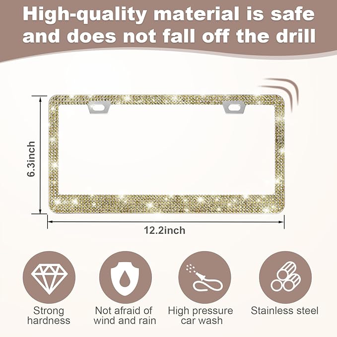 QUANQIUFEI 2 Pack Bling License Plate Frames for Women, Sparkly Rhinestone Diamond Car Accessories with Glitter Crystal Caps (Gold)