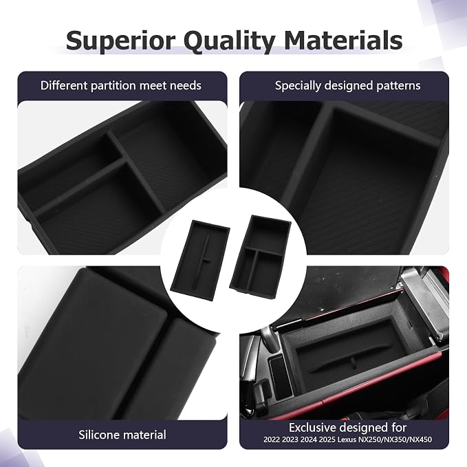 LUWU Lexus NX 2025 2026 Center Console Organizer for 2022 2023 2024 2025 2026 Lexus NX250/NX350/NX450 Accessories Armrest Console Storage Box Glove Organizer Tray Silicone Material 2-Pack (Black)
