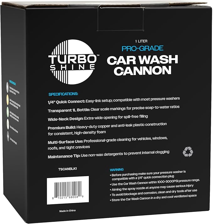 Premium Foam Cannon 1L - High-Pressure Car Wash Sprayer with 1/4in Quick Connector - Includes 5 Multi-Surface Nozzles (Clear, 1 Liter)