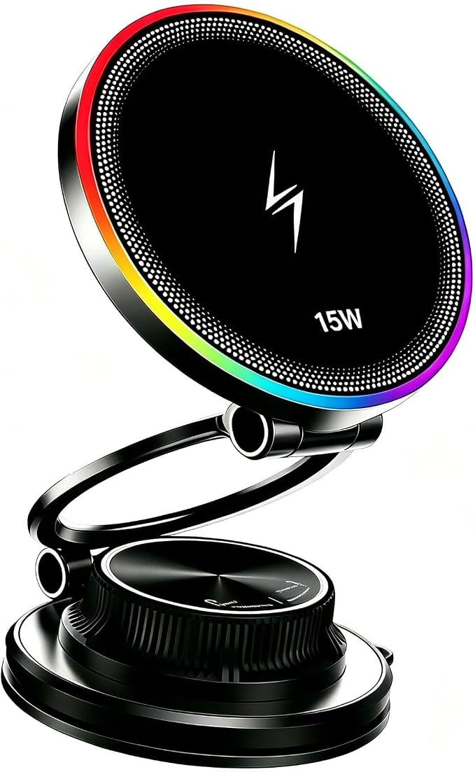 15W Fast Wireless Car Charger, Magnetic Dashboard Phone Holder, 360 Rotating Foldable Bracket, Compatible with MagSafe, Strong N52 Magnet & Gel Suction for iPhone17/16/15 pro and Samsung Smartphones