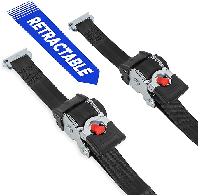 PowerTye - 2inch x 10ft Long Retractable Ratchet Tie Down Strap with E-Track Clips - Self-Retracting Ratchet, 800 lb W.L.L., Ideal for Cargo, ATV, Golf Carts, Includes Storage Bag, Black (Pair)