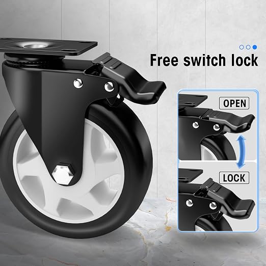 5" Swivel Plate Casters, 1400Lbs Capacity with Brake | Black, 4-Pack, PU Wheels, Double Ball Bearings, Quiet & Non-Marking, for Workbenches & Carts