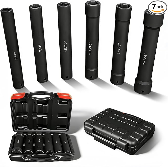 1/2 Inch Drive Extended Length Impact Socket Set, 6 Piece Extra Deep Impact Socket Set, Hex Size 3/4", 7/8", 15/16", 1-1/16", 1-1/8", 1-1/4", for High Torque Use with Case