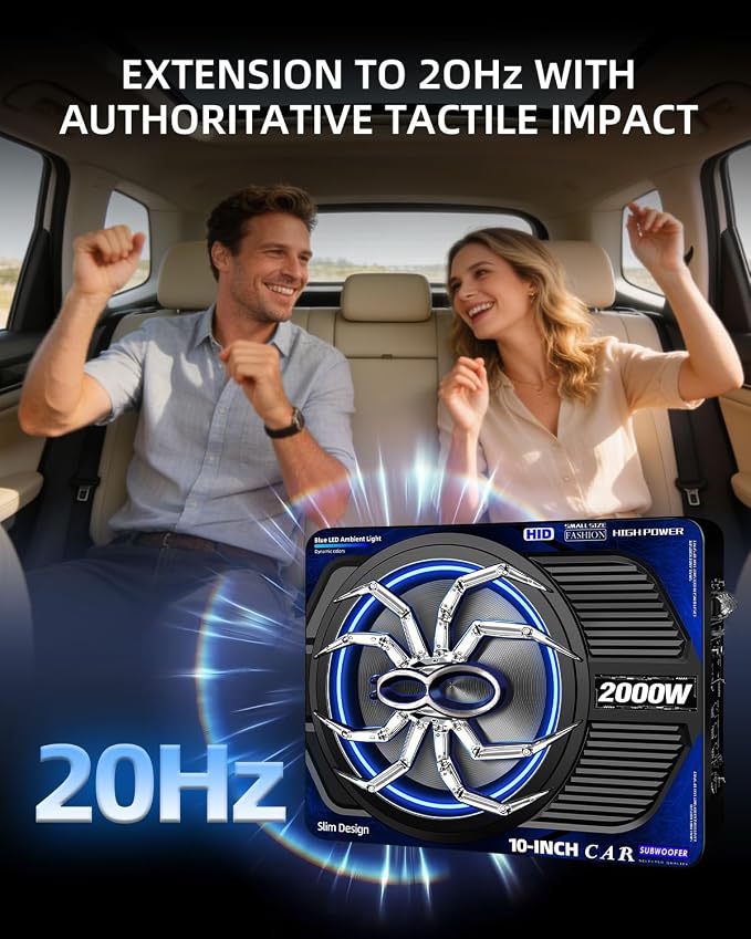2000W 10 Inch Underseat Car Subwoofer and Amp Package, Slim Powered Under Seat Sub with Built-in Class D Amp and DSP, Blue LED Switch, Low Pass Filter, Bass Boost for Truck SUV