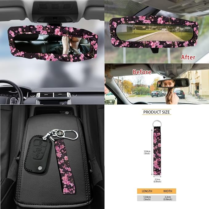 Cherry Blossom Pattern Car Accessories Set of 15, Front Rear Seat Covers Protector Steering Wheel Cover Seatbelt Cushion Trash Can Cup Holders Air Vent Storage Bag