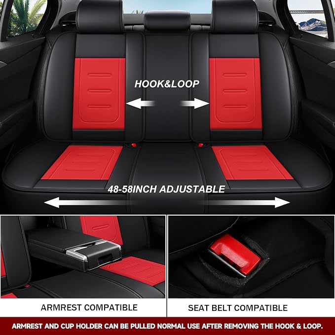 otoez Nappa Leather Car Seat Covers Full Set, Breathable Leather Automotive Seat Covers Front & Rear Seat Protectors with Lumbar Support, Universal Fit for Most 5 Seats Cars SUV Truck Sedan(Black+Red)
