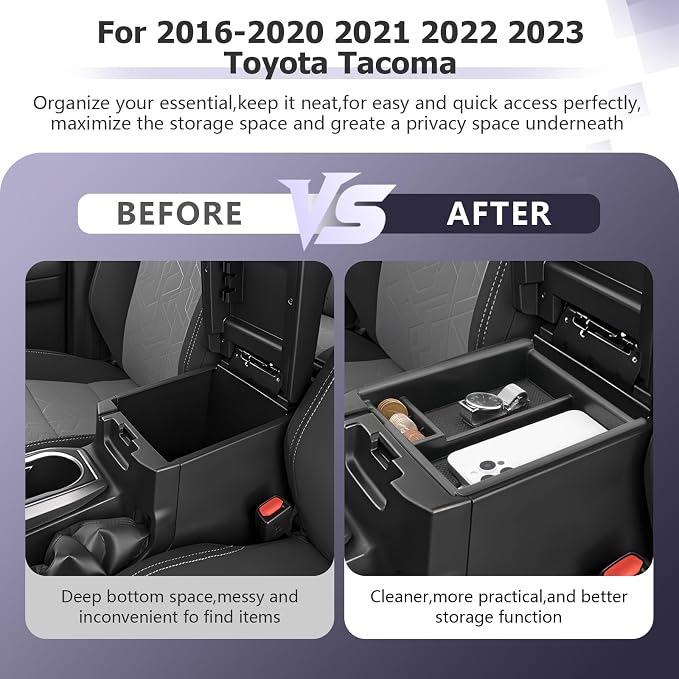 LUWU Tacoma Center Console Organizer Compatible with 2016-2020 2021 2022 2023 Toyota Tacoma Accessories Armrest Console Storage Box Insert Tray ABS Material Black Coin Container