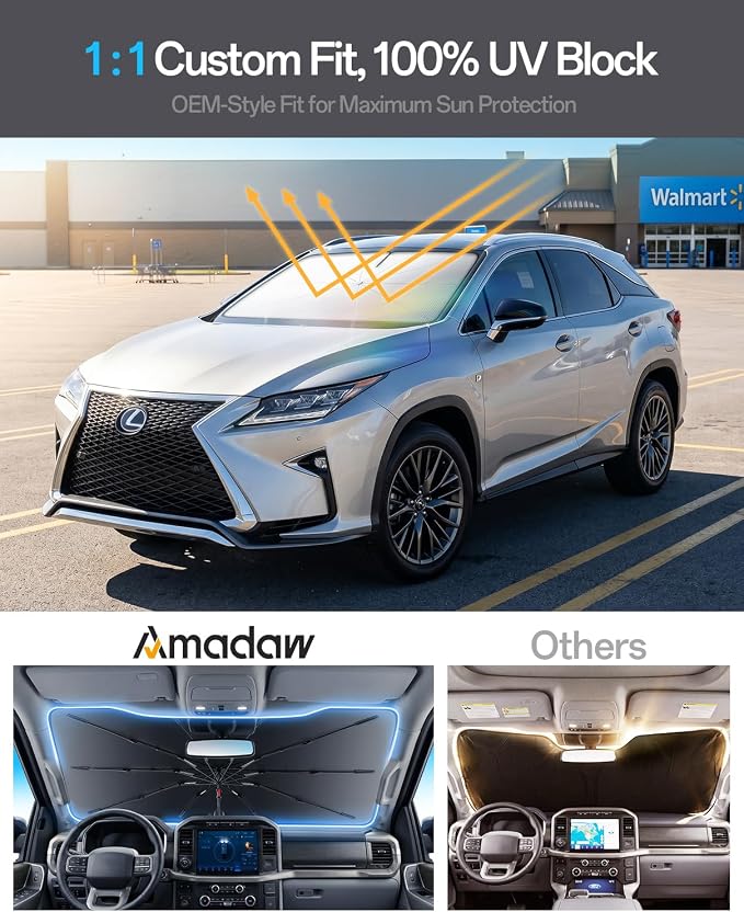 Windshield Sun Shade for Lexus RX 350/300 /400 （2000–2026）, Foldable Umbrella Sunshade with 100% UV Block, Multi-Layer Heat Insulation, Reinforced 10-Rib Frame, Keeps Car Cooler