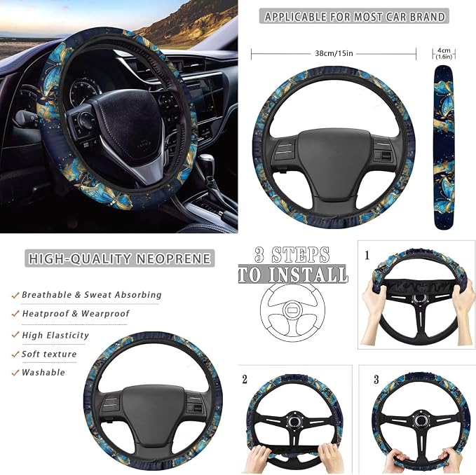 Howilath Butterfly Moon Floral Car Seat Cover Set of 10 with Front Seat Cover Split/Keychain/Seatbelt Pads/Steering Wheel Cover/Armrest Cushion/Coasters, Universal Fit All Seasons