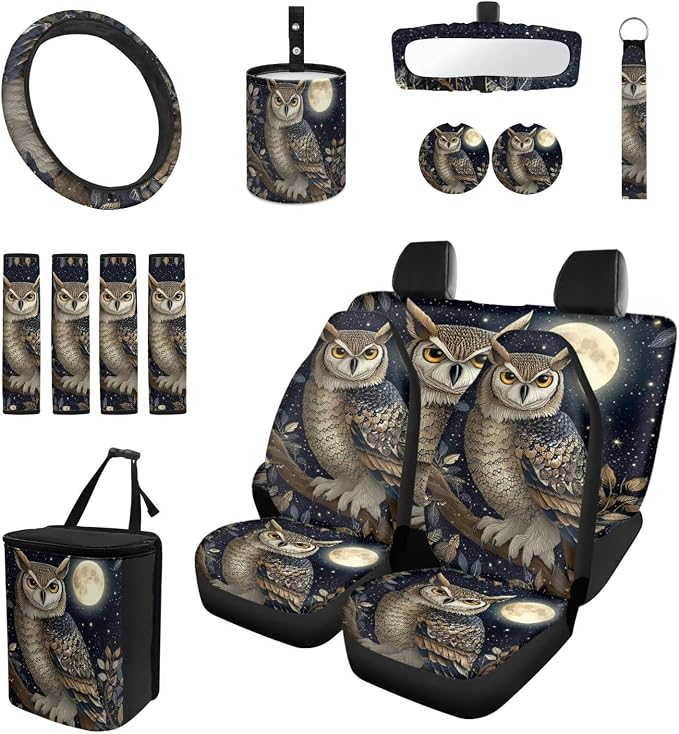 Moon Owl 15 PCS Car Seat Cover Set with Auto Steering Wheel Cover Seat Belt Strap Protector Cup Holder Trash Bag Rear View Mirror Protector Keychain