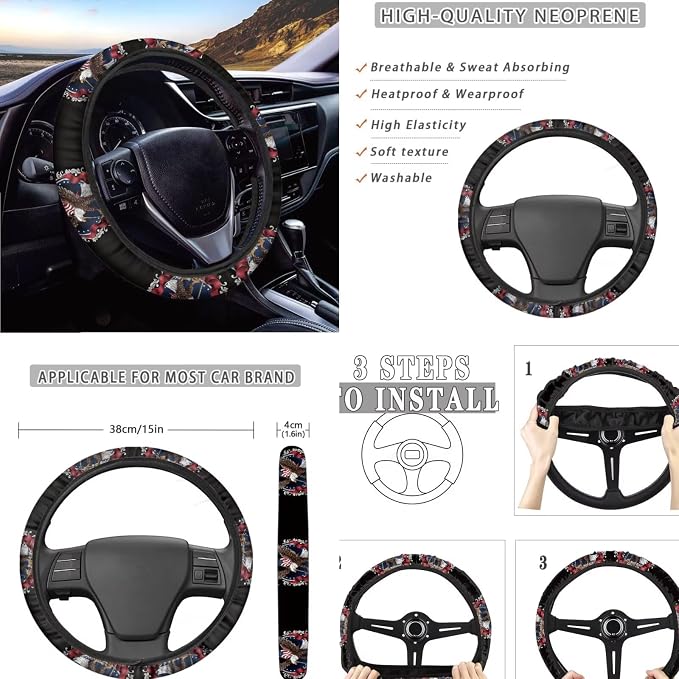 America 1776-2026 Eagle Car Seat Cover Set with Steering Wheel Wrap, 11 Pack, Patriotic Auto Accessories with Non-Slip & Breathable Fabric, 250th Anniversary Decorate for Car, SUV, Truck