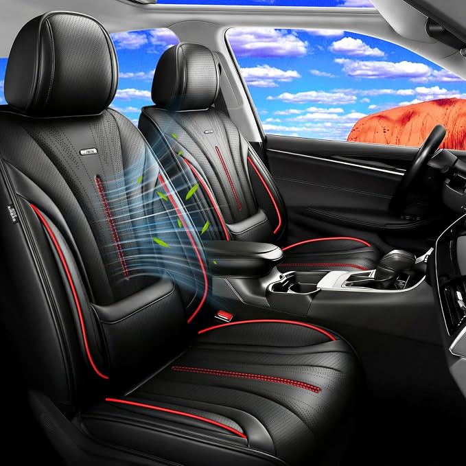 Fit Encore GX Car Seat Covers for Select Buick Encore GX 2020-2026 - Full Coverage Leather, Airbag Compatible, Waterproof & All Weather Seat Cushion Protector, Full Set, Black with Red Trim