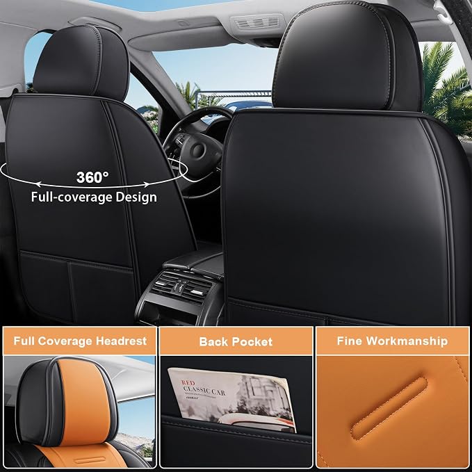 otoez Nappa Leather Car Seat Covers Full Set, Breathable Leather Automotive Seat Covers Front & Rear Seat Protectors with Lumbar Support, Universal Fit for Most Cars SUV Truck Sedan(Black+Orange)