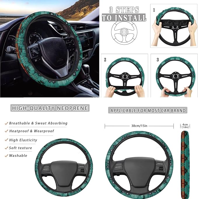 AFPANQZ Green Aztec Tribal Car Seat Covers Full Set 11 Packs Steering Wheel Cover + Safety Seat Belt Pads + Car Cup Holder Coaster + Handrake Cover + Gear Shift Knob Cushion for Men Women