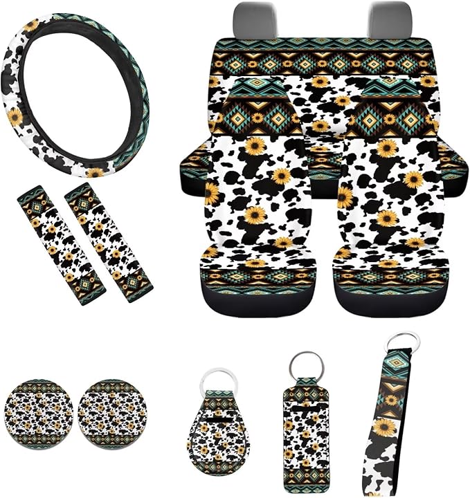 Aztec Cow Geometric Seat Covers for Car,11Pack Cow Auto Seat Covers for Front Back,Universal Fit Most Vehicle Truck SUV,Auto Steering Wheel Cover Seatbelt Pads Keychain Cup Holder Coasters