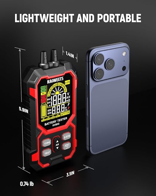 KAIWEETS Car Battery Tester, 12V/24V Automotive Battery Diagnostic Tool, 50-2000 CCA Load Capacity, Digital Battery Analyzer & Voltage Meter for Cars, Trucks, Motorcycles, SUVs, Boats & Marine Use