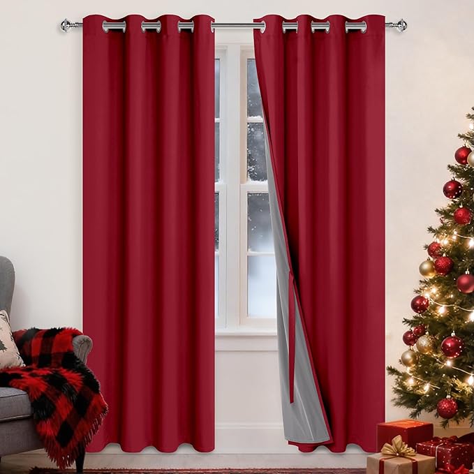 XWZO 100% Blackout Window Curtains - Thermal Insulated & Noise Reduction Black Liner Window Treatment Sewn with Tiebacks for Bedroom/Living Room, Christmas Red, W52 x L84, Set of 2 Panels