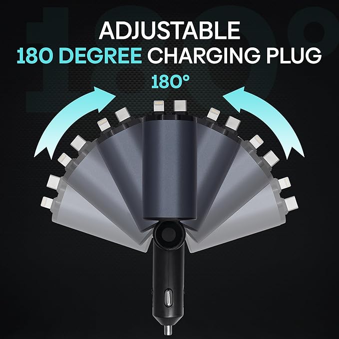 Retractable Car Charger | 4 in 1 Fast Car Phone Charger 120W | Retractable Cables and USB Car Charger | Compatible with iPhone 15/14/13/12/11, Galaxy, Pixel | Car Accessories | iPhone Car Charger