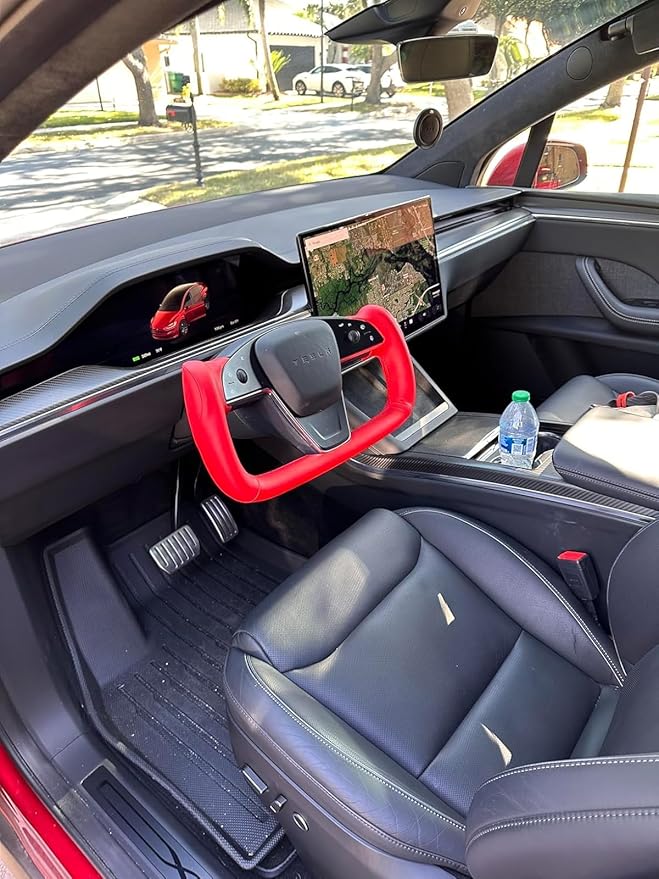 MEWANT DIY Red Smooth Artificial Leather Steering Wheel Cover for Tesla Model S Yoke 2021-2023 Model X 2021-2023